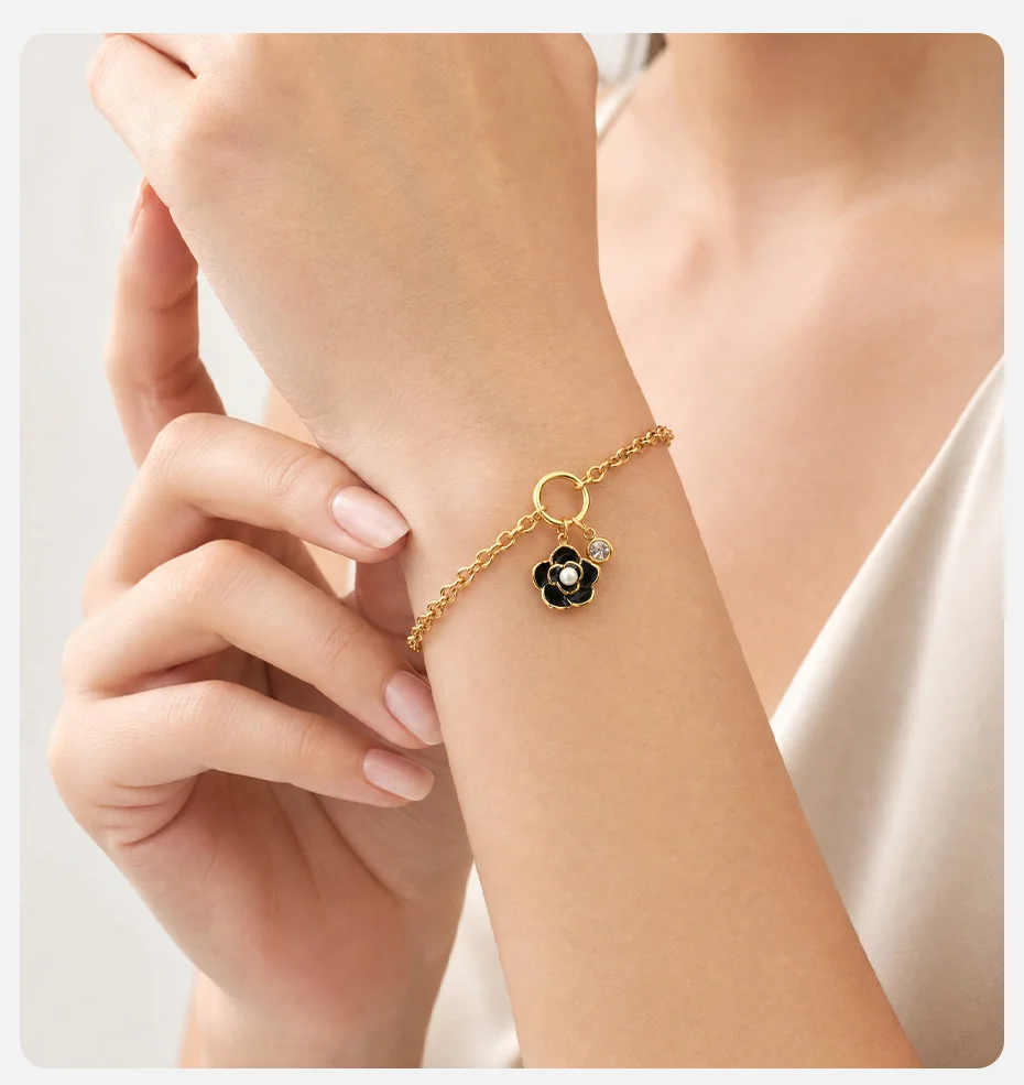 Vnox Exquisites Emaille-Armband mit bunten Blumen und Anhänger-Halskette für Damen, vergoldeter Blumenschmuck, trendige elegante Geschenke für Partys – Detail 2