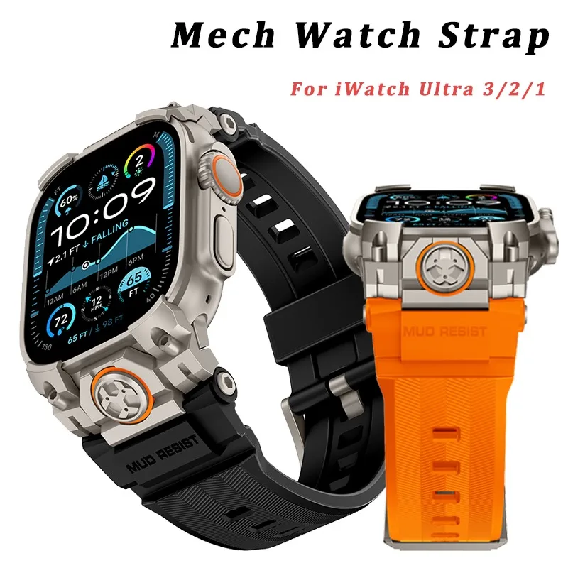 

Sport Mech Silicone Strap for Apple Watch Ultra 3/2/1 Stainless Steel Connector Adapters Bracelet For iWatch Series 49MM Band