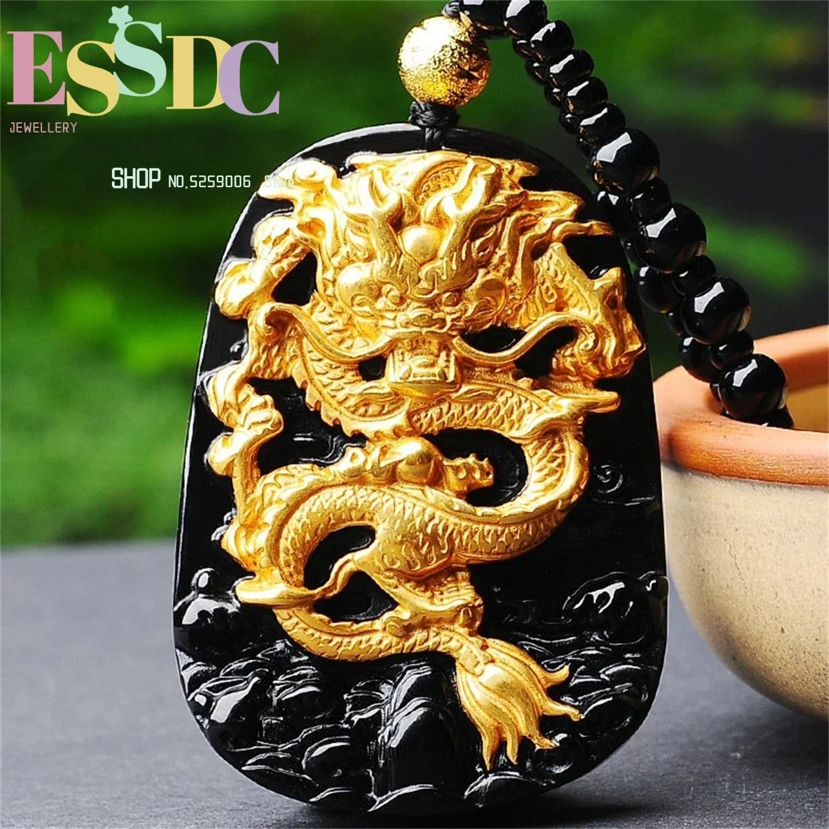 Natural Obsidian Zodiac Gilded Dragon Pendant Necklace Domineering  Jewelry For Women Men Carving Lucky Amulet Gift  Charm Retro