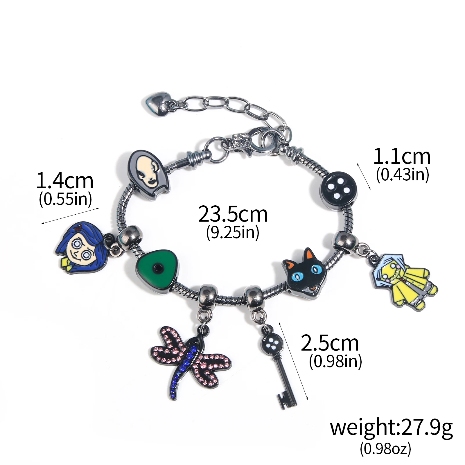Horror Coraline DIY Charms Bracelet Key and Green Looking Stone Dragonfly Pendants Bangle for Women Men Cosplay Jewelry image 6