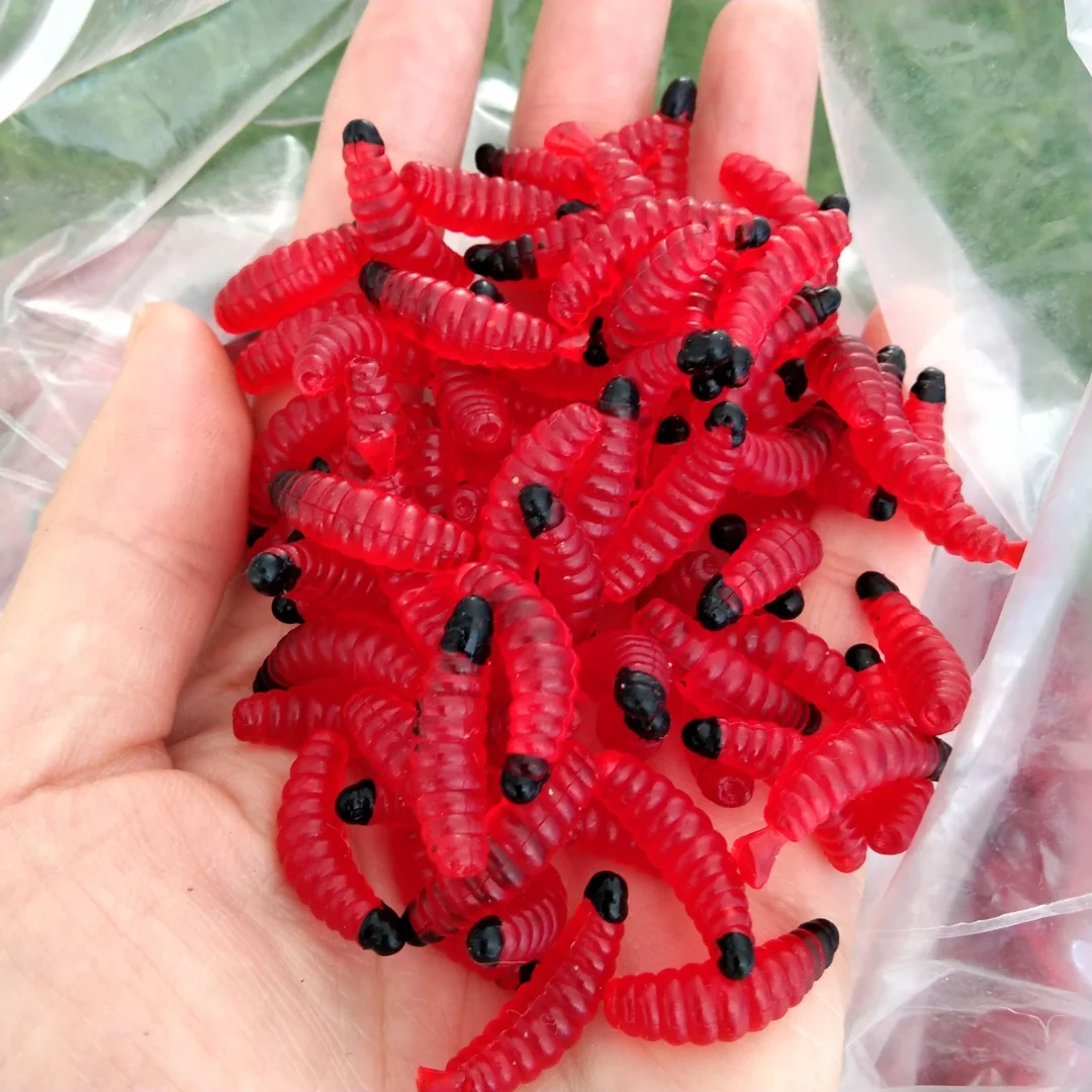 100 unids/bolsa 2cm 0,4g pan gusano silicona cebos artificiales gusano larva suave señuelo de pesca ganchos olor gusanos brillo camarones