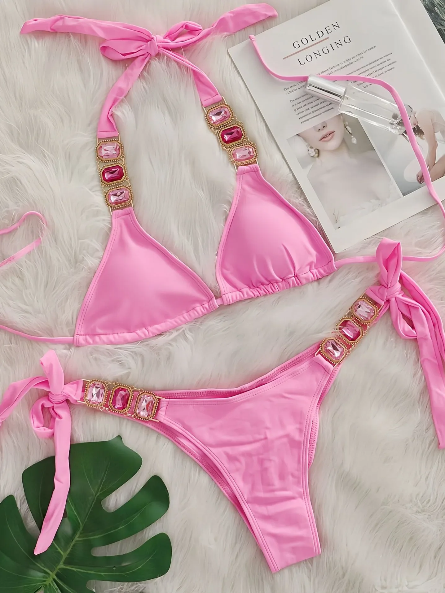 Sexy Rhinestone Bikini Set Women 2025 Luxury Pink Crystal Diamond Push Up Bandage Thong Swimsuit Beach Bathing Suit Swimwear