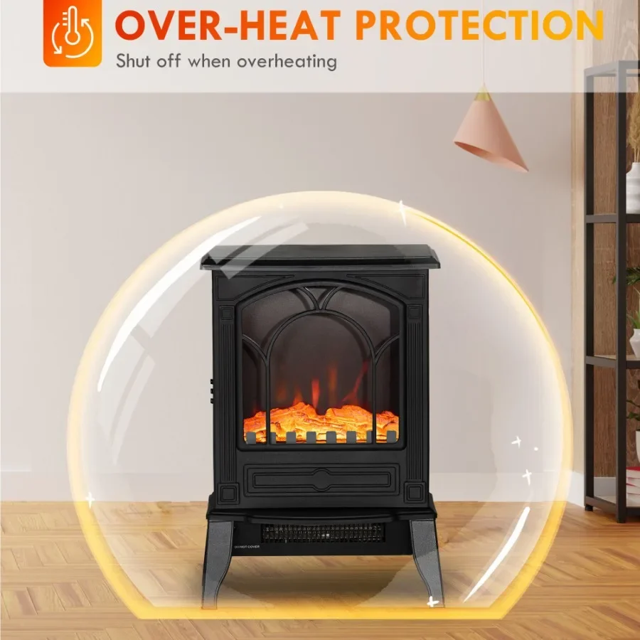 

Electric Fireplace Heater Freestanding Fireplace Stove with Realistic Flame Effect Overheat Protection 750W/1500W Black