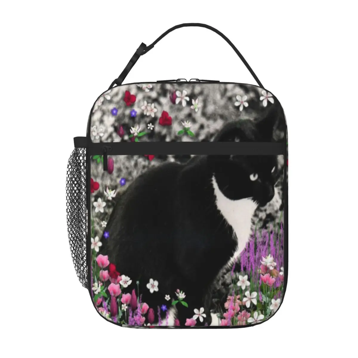 Bestselling Freckles In Flowers II - Tuxedo Cat Rainbow Print Meal Bag Nursing Shift Lunch Handbag