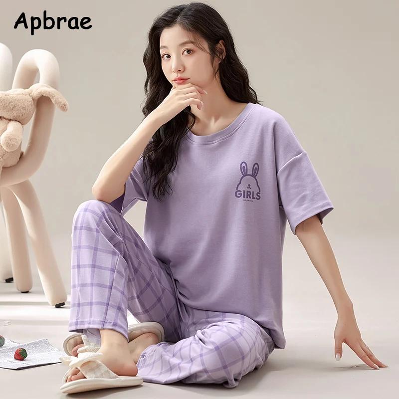 Summer Fruit Print Pajamas for Women Cotton Pajama Sets Short Sleeves Long Pants Cartoon Round Collar Pijamas Girl Sleepwear