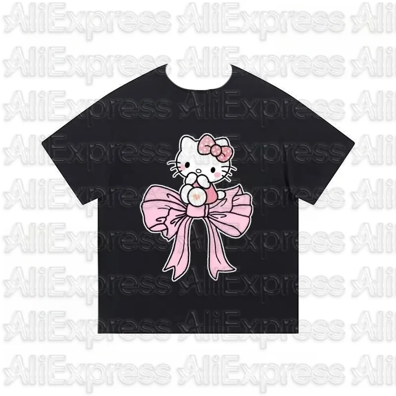 MOTO Hellokitty الوردي KT القط القوس الكرتون قصيرة الأكمام القطن الخالص تي شيرت لطيف الراقية الفاخرة لكل من الرجال والنساء أفضل Y2k #1