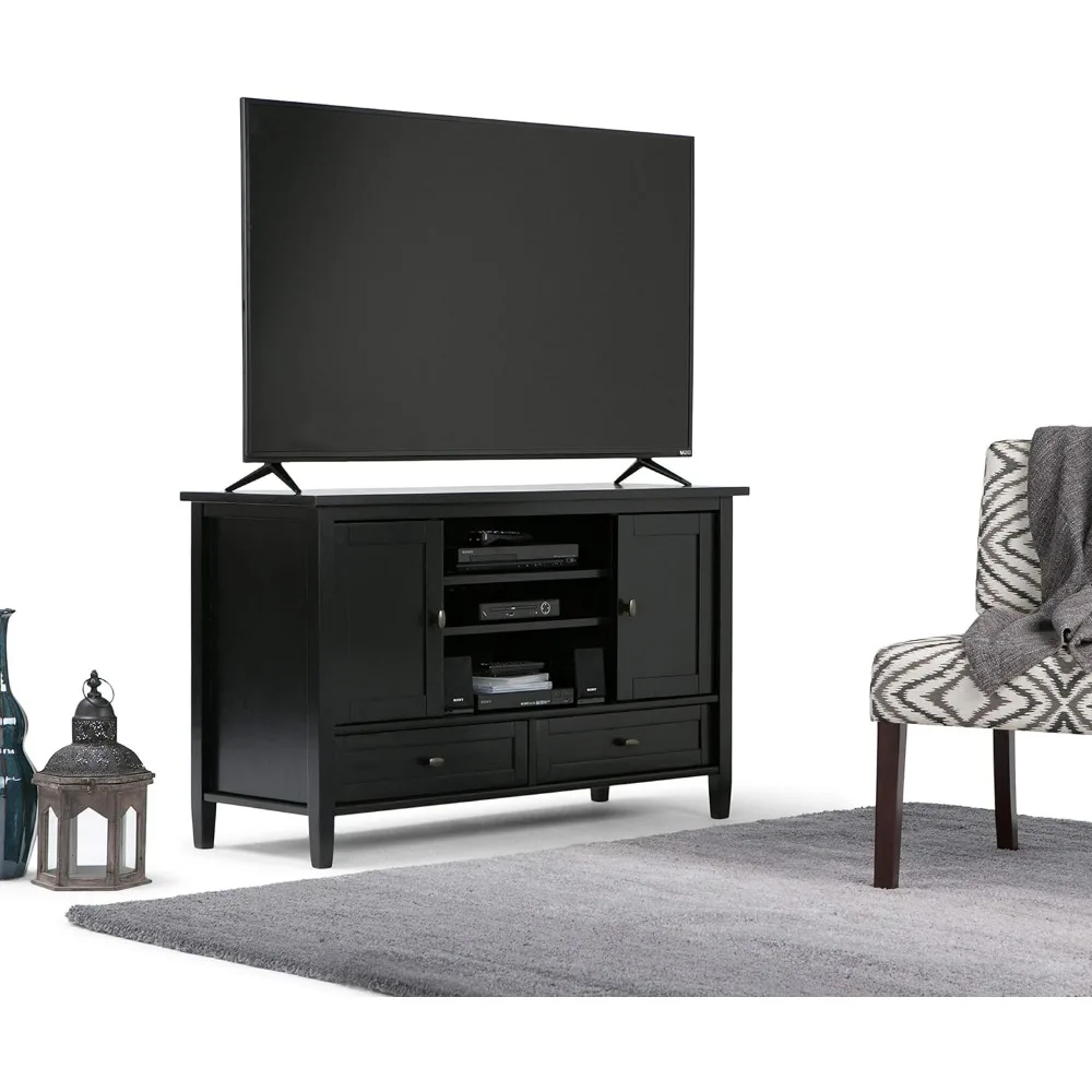 Warm Shaker SOLID WOOD 47 Inch Wide Transitional TV Media Stand in Black For TVs up to 52 Inches, For The Living Room