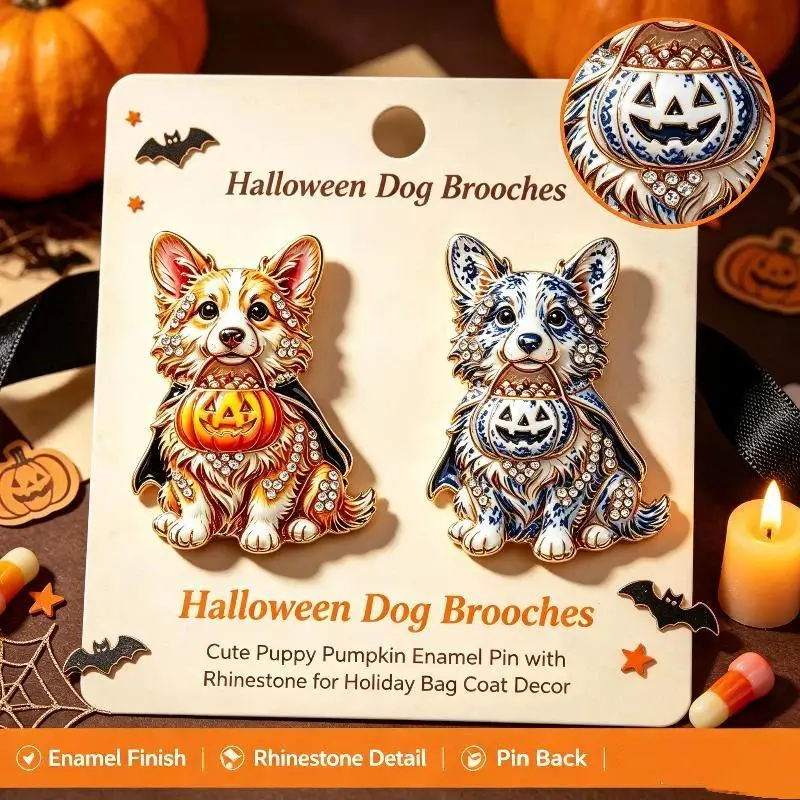 Halloween Corgi Dog Brooch Sparkly Rhinestone Vivid Enamel Cute Lapel Pin for Costume Party Dog Lovers Gift