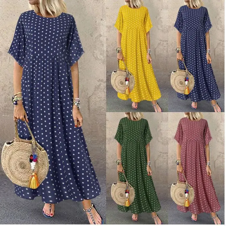 

New Round Neck Short Sleeved Loose Print Small Round Dot Solid Color Dress for Women
