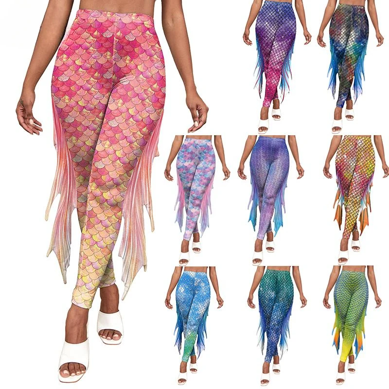 Mermaid Leggings Halloween Cosplay Costume Fish Scale Pattern Trousers Carnival Pants Party Movie Dress Up