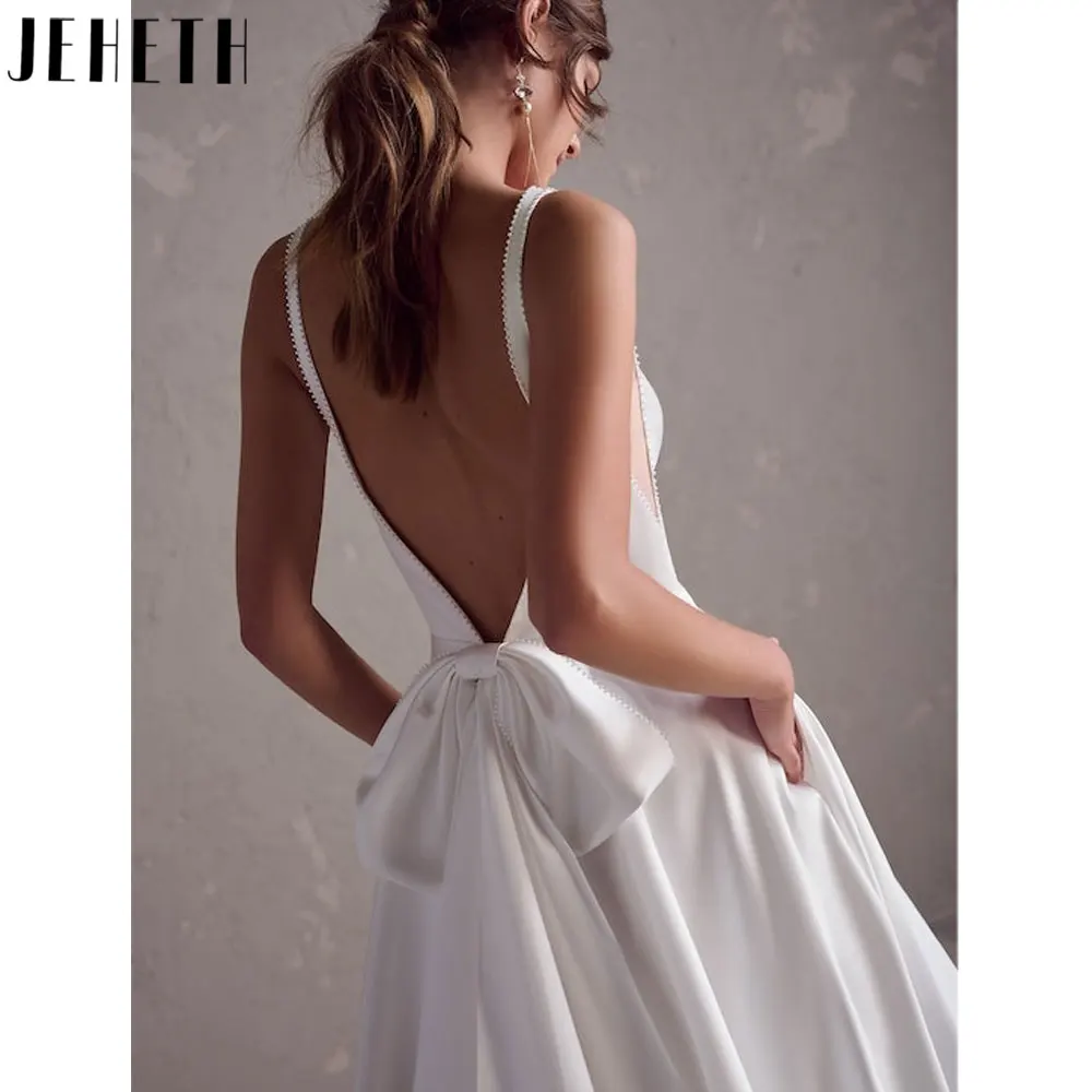 JEHETH Square Neck Satin Sleeveless Wedding Gowns White Satin Backless Bridal Dresses Back Bow Spaghetti Straps robes de mariée