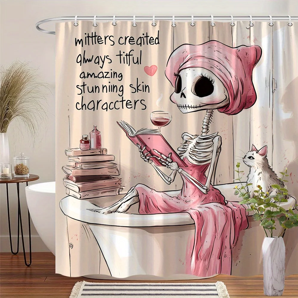 Cute Skeleton Cat Reading Book Bathroom Shower Curtain Funny Gothic Aesthetic Novelty Home Decor Gift