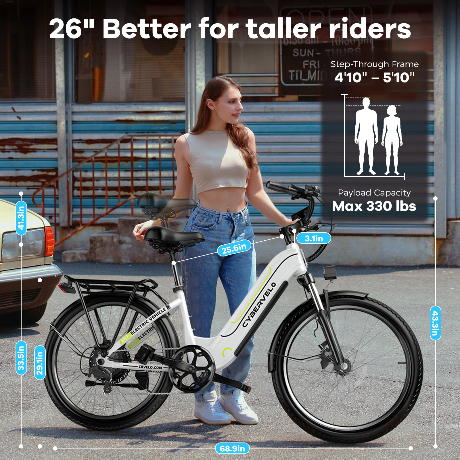 Cybervelo EK7 Bicicleta eléctrica máxima de 1000 W Viaje urbano 80 millas 25AH Batería extraíble Bicicleta eléctrica de largo alcance, bicicleta eléctrica de 26 pulgadas Cambio de 7 velocidades