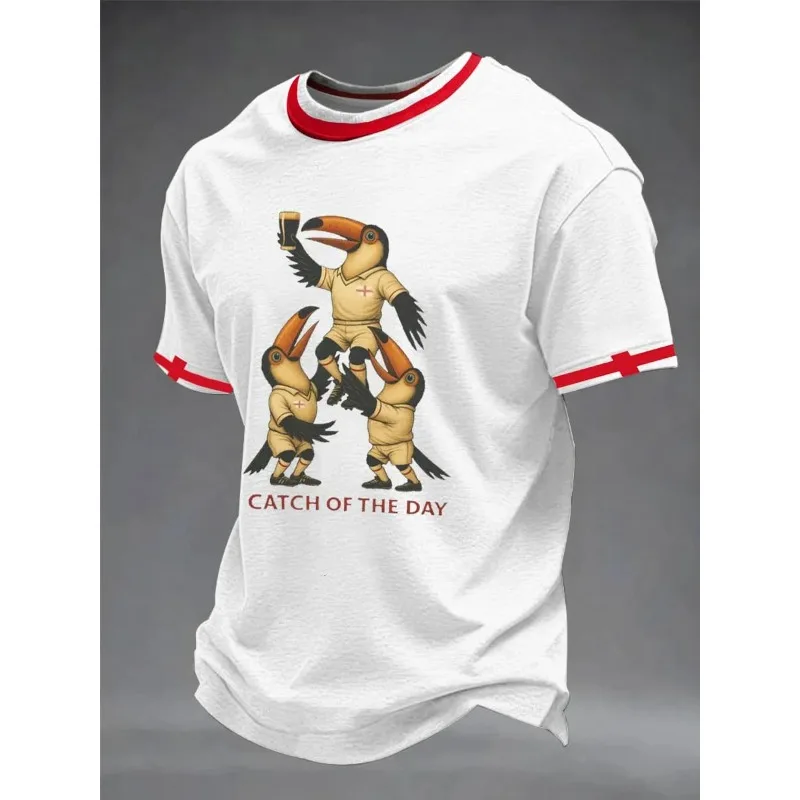 Toucan England Football Ringer T-shirt Catch of The Day Print Short Sleeve St George Cross Cuff Men Kids Casual Beer Party Tee