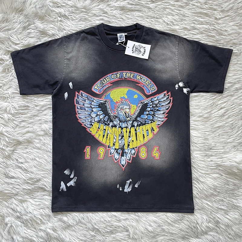 Saint Vanity 1984 Tour World Eagle Earth Print Distressed Short Sleeve T-Shirt Cotton Youth Casual round Neck Summer Top
