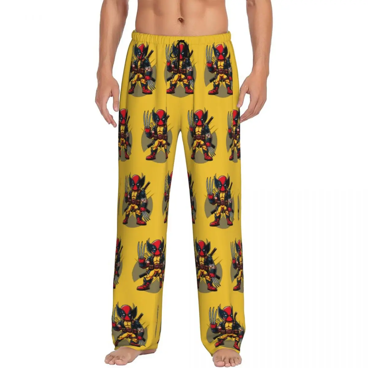 Pantalones de pijama clásicos personalizados con animación de Deadpool y Wolverine, ropa de dormir elástica con bolsillos para dormir y salón de dibujos animados para hombre