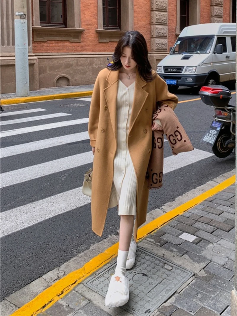 Casaco de caxemira longo e solto feminino, casaco de lã clássico, outerwear frio, moda de rua chinesa coreana, outono, inverno, 2023