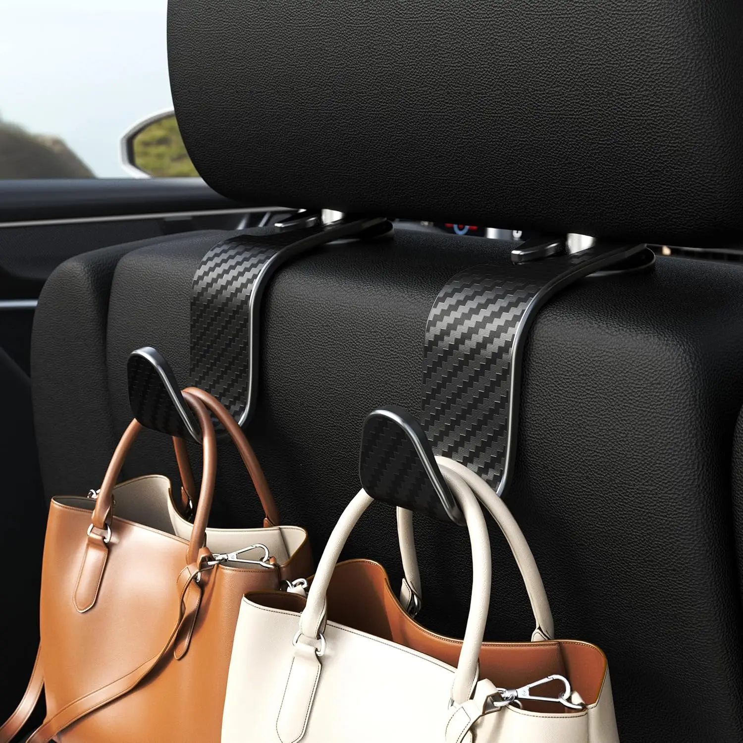 4-8PCS Car Headrest Hooks Vehicle Storage Organizer for Purses Handbags Groceries Coats Holds 55lbs Carbon Fiber Texture Hooks