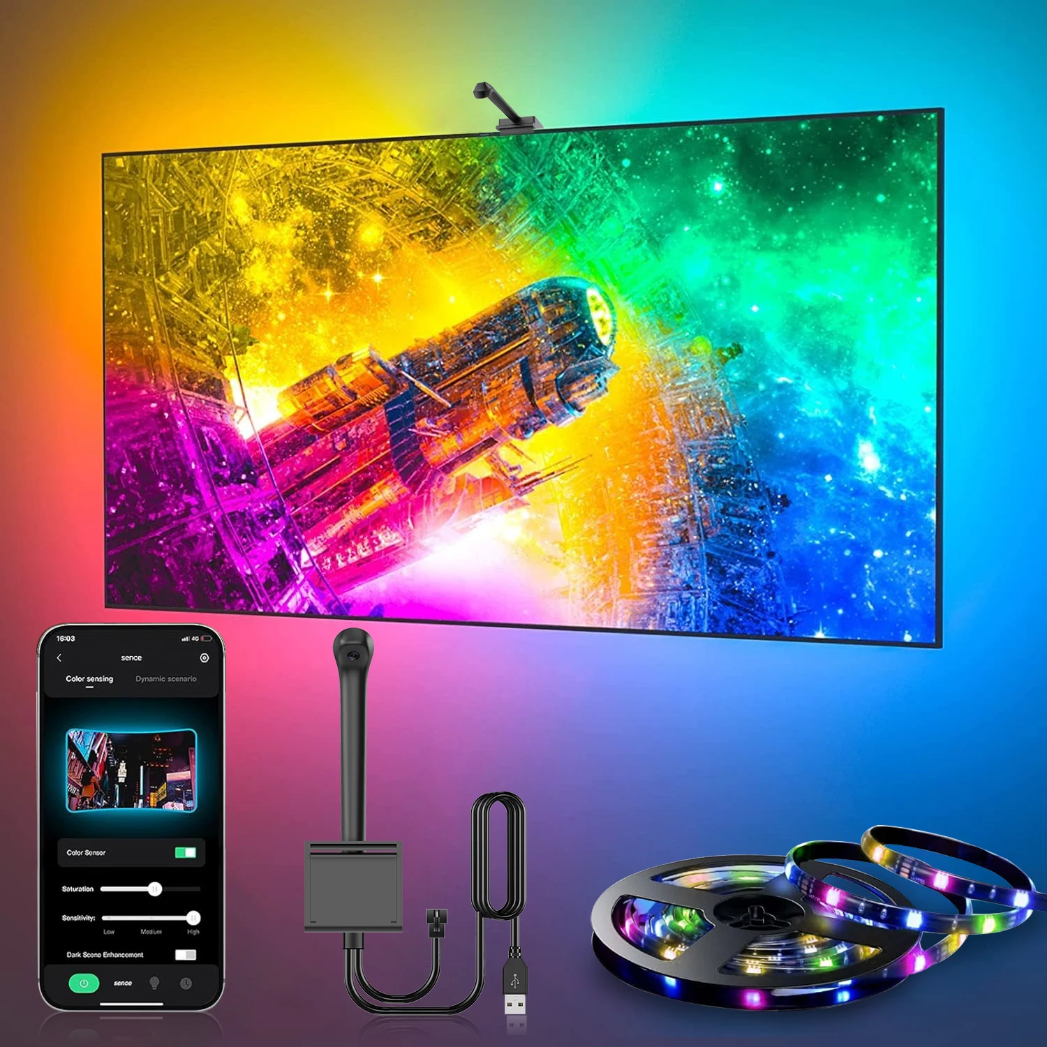 arセンサー付きrgbicledテレビバックライトストリップ、画面周囲光同期、アプリケーションミュージック対応、usb電源