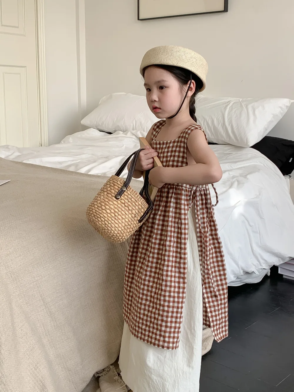 2024 Summer New Baby Girls Plaid Vest Dress Children Sleeveless Casual Lace Up Skirt Kids Floral Strap Dress Toddler Clothes