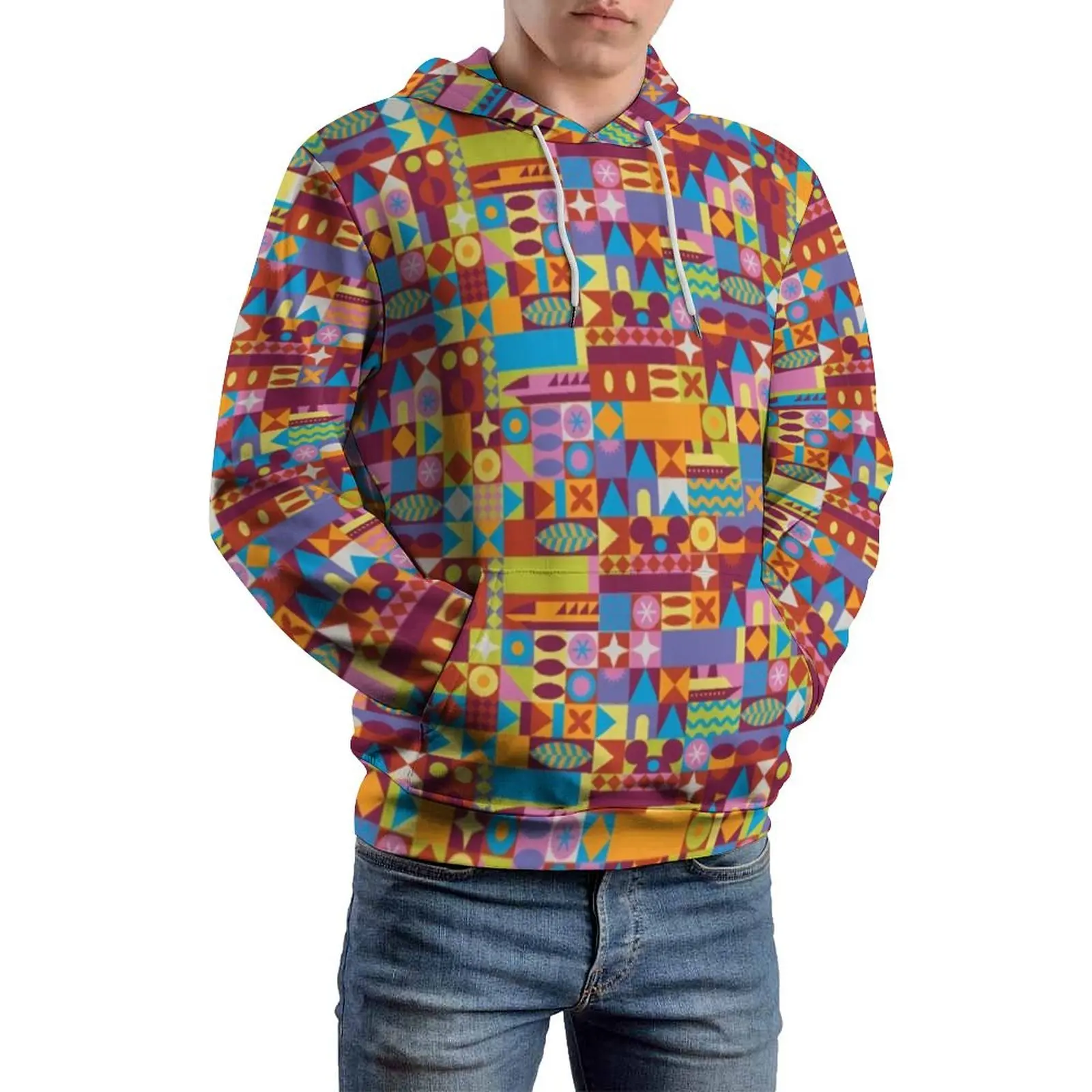 70S Modern Art Print Loose Hoodies Retro Color Blocks Cool Hoodie Male Long Sleeve Oversize Casual Design Hooded Sweatshirts