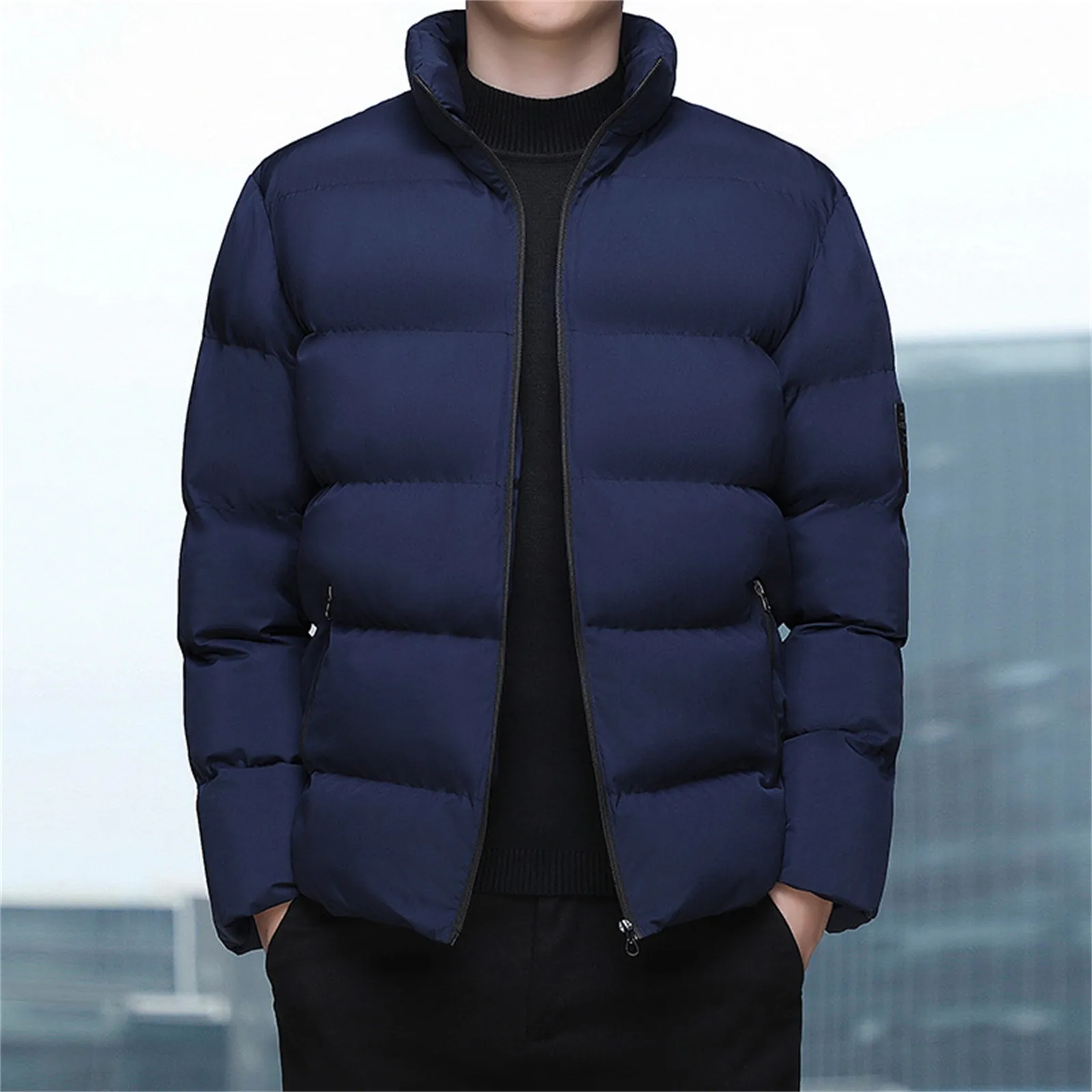 Winter New Men's  Cotton Padded Jackets Solid Color Casual Warm Parkas Long Sleeve Zipper Stand Collar Coat Men Clothing