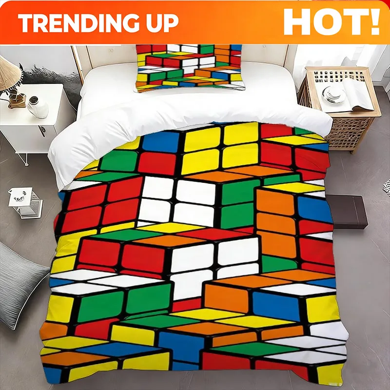 Customize 2/3pcs Magic Cube Structure Three-Dimensional Printed Quilt Cover Set, Soft And Comfortable Polyester Fabric, Breathab