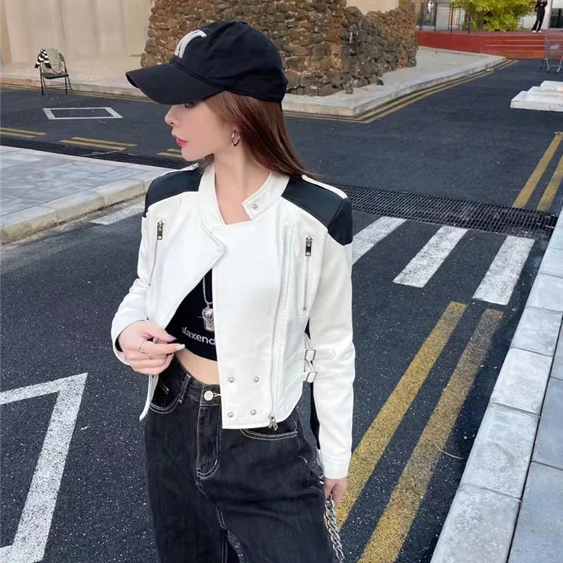 2024 Women's Short PU Leather Coat Women's Autumn New Fashion Design Sense Special Multicolor Waist Slimming Leather Coat