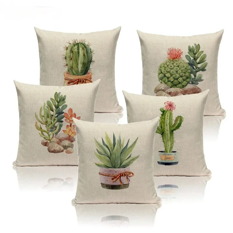 Pillow Case Vintage Pillowcase Decorative Nordic Cute Cactus 45*45cm for Sofa Bedroom Home Beige Fur Linen Cushion Cover