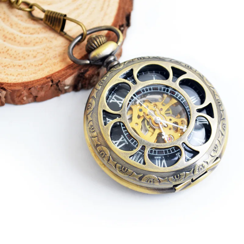 10pcs/lot Antique Hollowed Sun Flower Mechanical Pocket Watch Compass Skeleton  Roman Dial Hand Wind Gift Watches Hot Sale