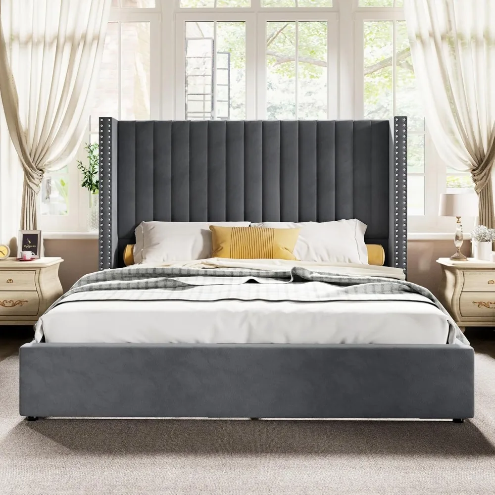 Bedframe, Queen, verhoogde opbergruimte, fluwelen platform met getuft hoofdeinde, geen veren vereist, platformbedframe