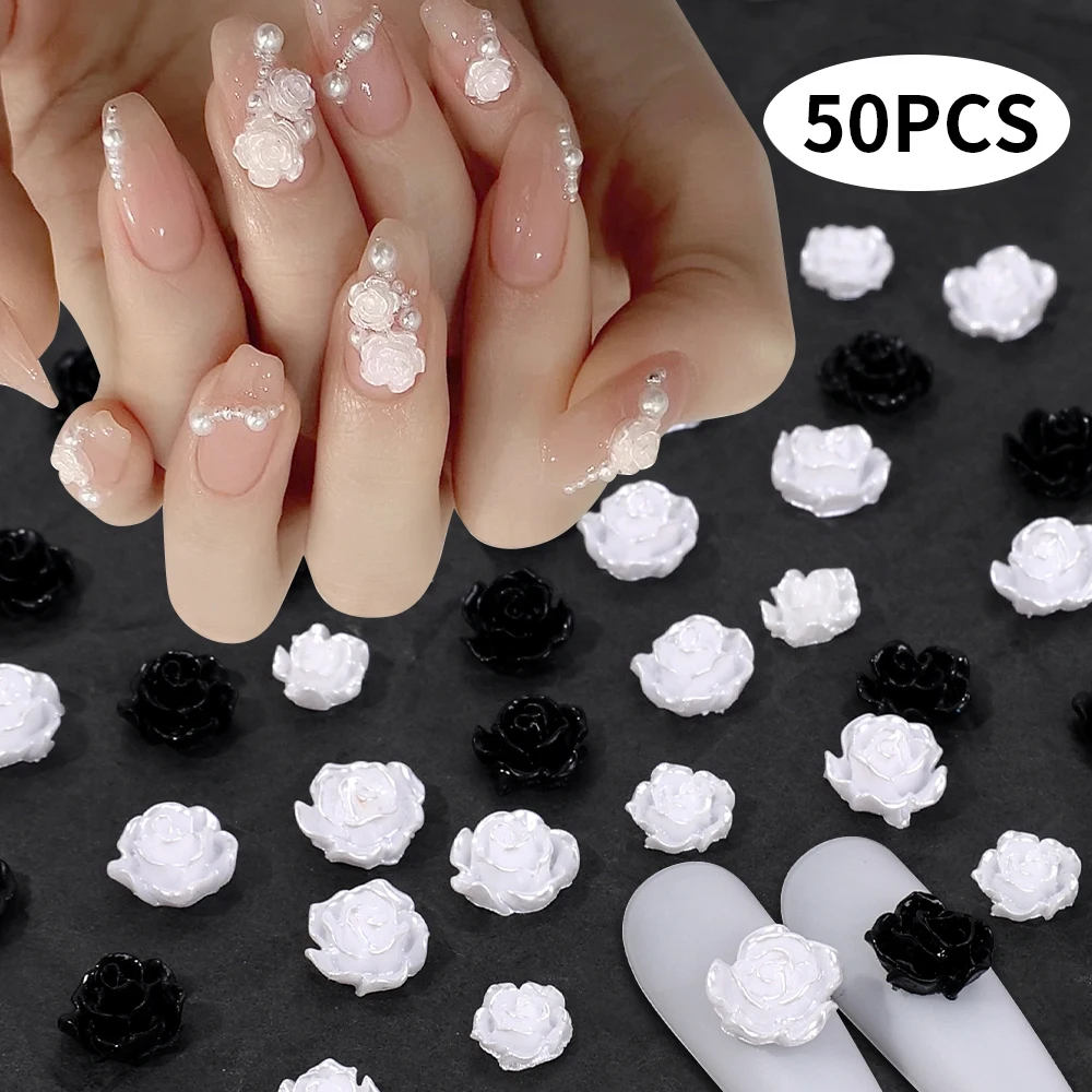 3D Resin Camellia Flowers Nail Art Decorations 50PCS Black White Rose Flowers Design Manicure Nail Art Rhinestones Decorations