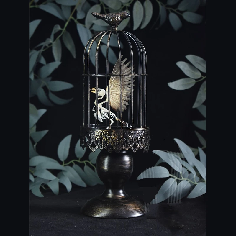 2001 Faux Bird in Cage Ornament Gothic Dark Decor Creative Gift Halloween Horror Display Home Party Decoration Unique Resin