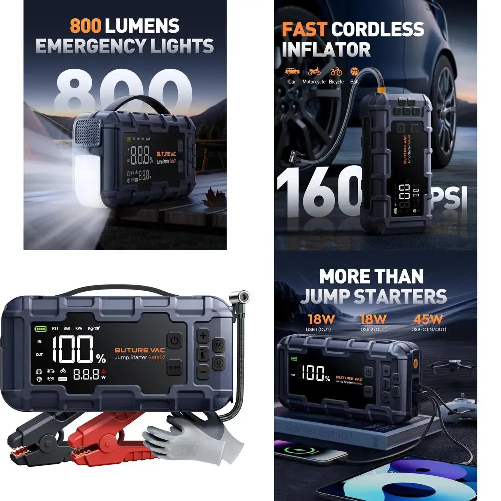 

Портативный автомобильный аккумуляторный стартер 10-в-1 с воздушным компрессором, зарядное устройство 8000A, 160PSI, 45 Вт, перепускной стартер (все газы 14L/24