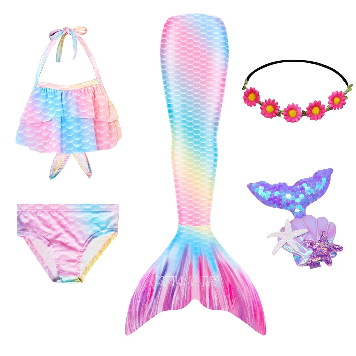 

5Pcs/Set Women Girls Mermaid Tail Swimsuit Girl Boys the Little Mermaid Costume Cosplay Beach Clothes Bikini Bathing Suit