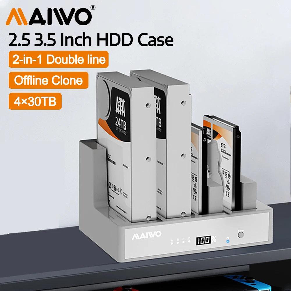 MAIWO 4 Bay 2.5/3.5 Inch Hard Drive Enclosure Support 120TB Max SATA III 6Gbps with 1 to 3 Offline Cloned C to C/A HDD Adapter