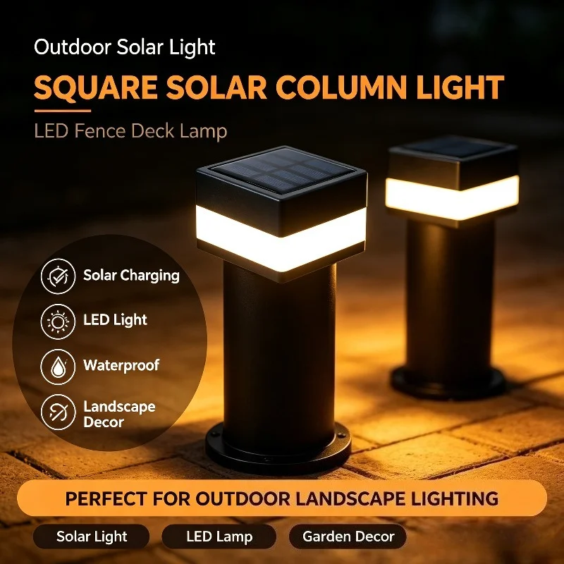 LED Solar Column Light, Square Post Cap Fixture for Outdoor Gate Pillars, Courtyard Walls, Decks and Terrace Landscapes