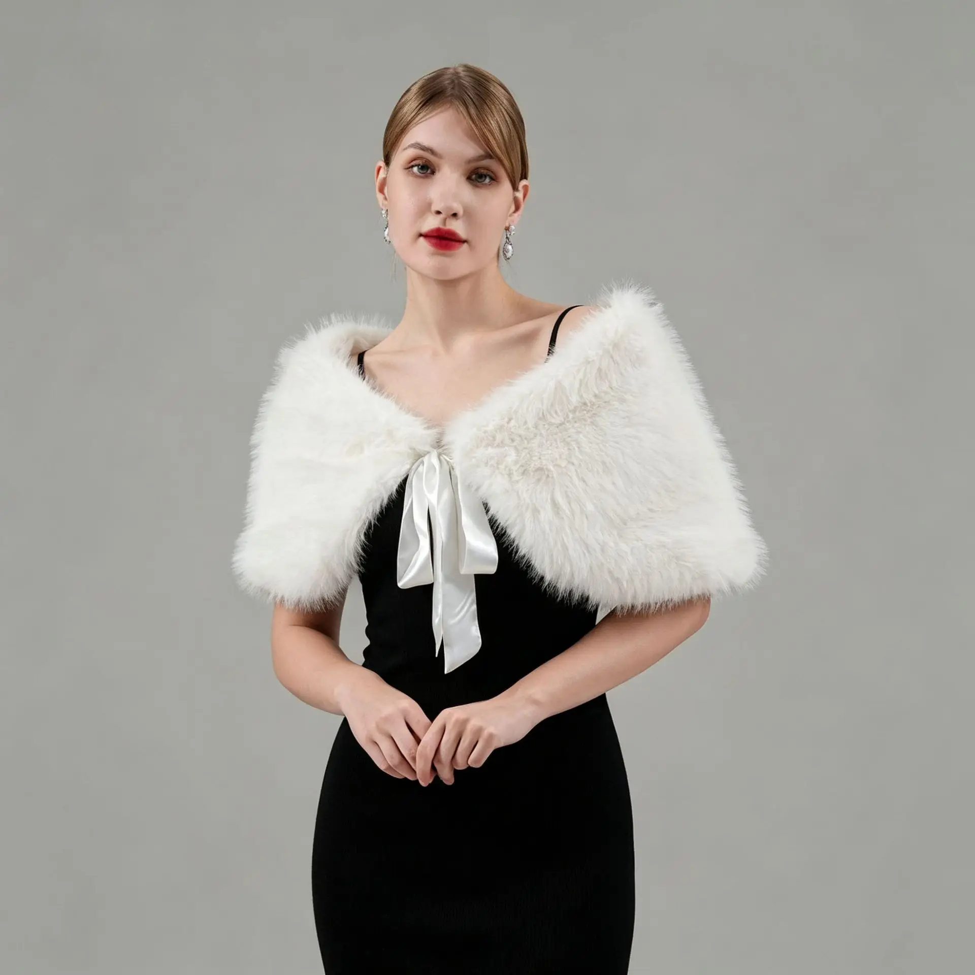 Elegant Faux Fur Bolero Shawl with Satin Bow for Bride Women Wedding Wrap Bridal Cape Formal Dress Cheongsam Winter Outerwear