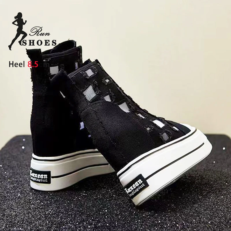 Women's Thick Sole Sneakers Summer Autumn White Lace-up Casual Shoes 2024 Female Increase Height Breathable Mesh Canvas Shoes image 6