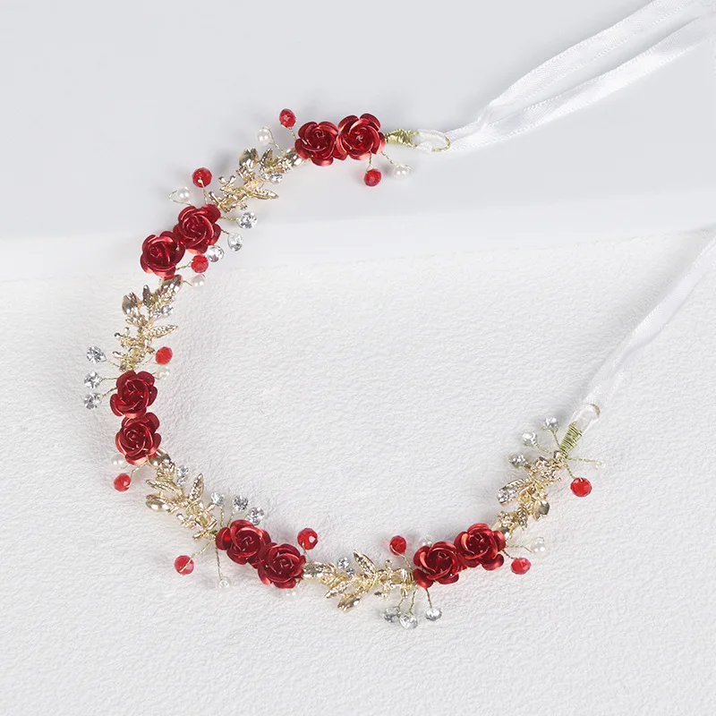 Hot Selling Rhinestone Hairbands Golden Floral Fashion Hair Accessories Bridal Wedding Decoration Accessories Red Flower