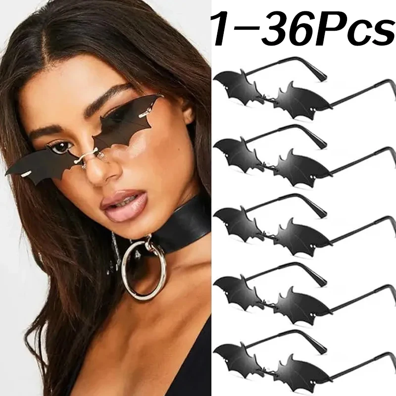 1-36Pcs Bat Sunglasses Rimless Goth Glasses for Women Men Halloween Party Glasses Trendy Eyewear Novelty Cosplay Party Eyewear