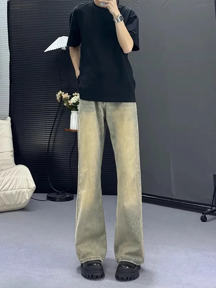 

American High Street Vibe Men's Straight Leg Jeans Waed Denim Spring Autumn Slimming Long Leg Yellow Mud Bend Knife Flared ...