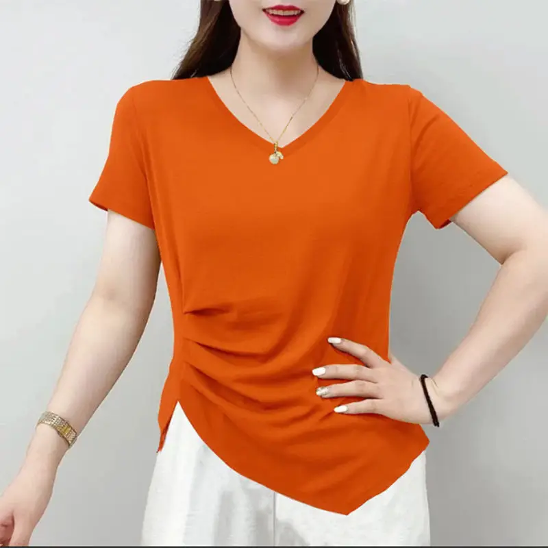 Summer New Elegant Fashion V-neck Short Sleeved T-shirt Women\'s Solid Asymmetric Patchwork Slim Versatile Folds Pure Cotton Top