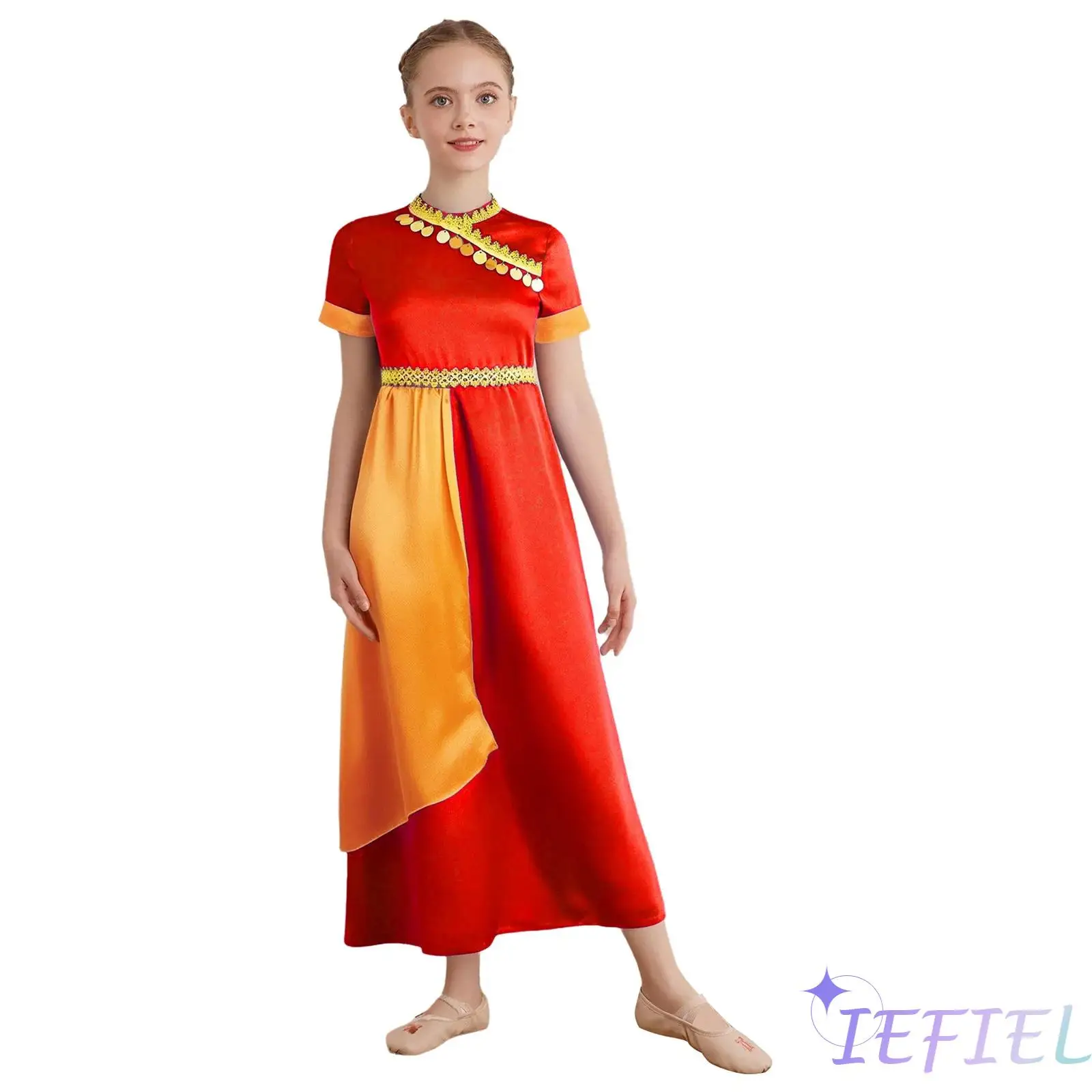 

Fancy Dresses Saree Indian State Dance Costume for Girls Short Sleeve Gold Trim Gold Circles Color Contrast Dress Up Costume
