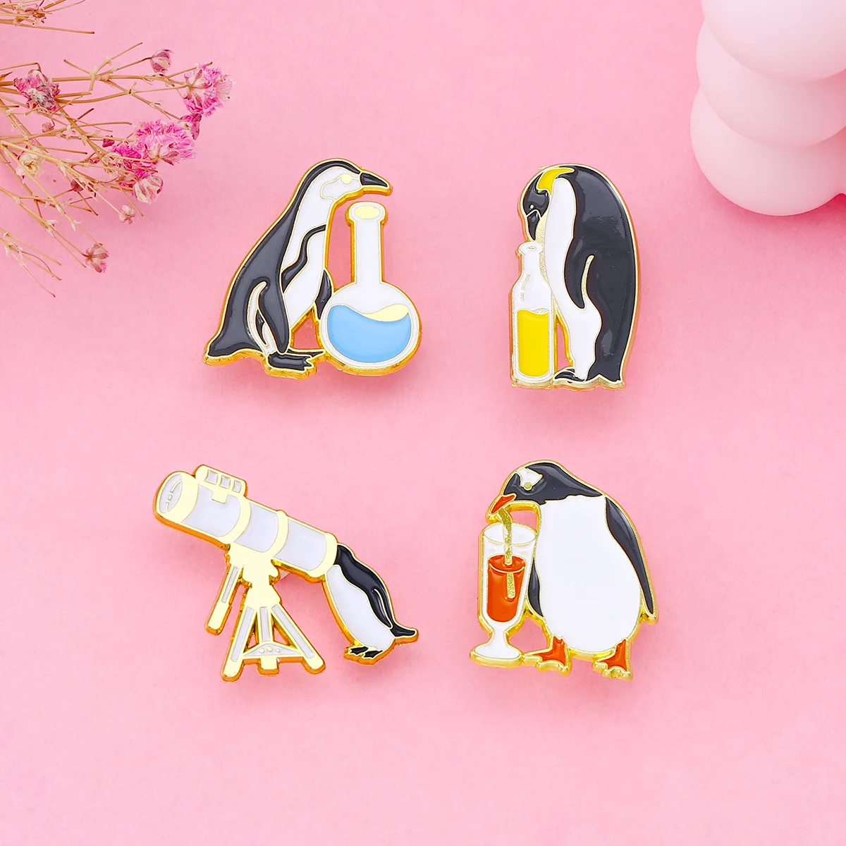 Cute Penguin Enamel Brooch Dagger Scarf Telescope Glass Penguin Love Rainbow Ice Skate Penguin Metal Badge Punk Pin Jewelry Gift