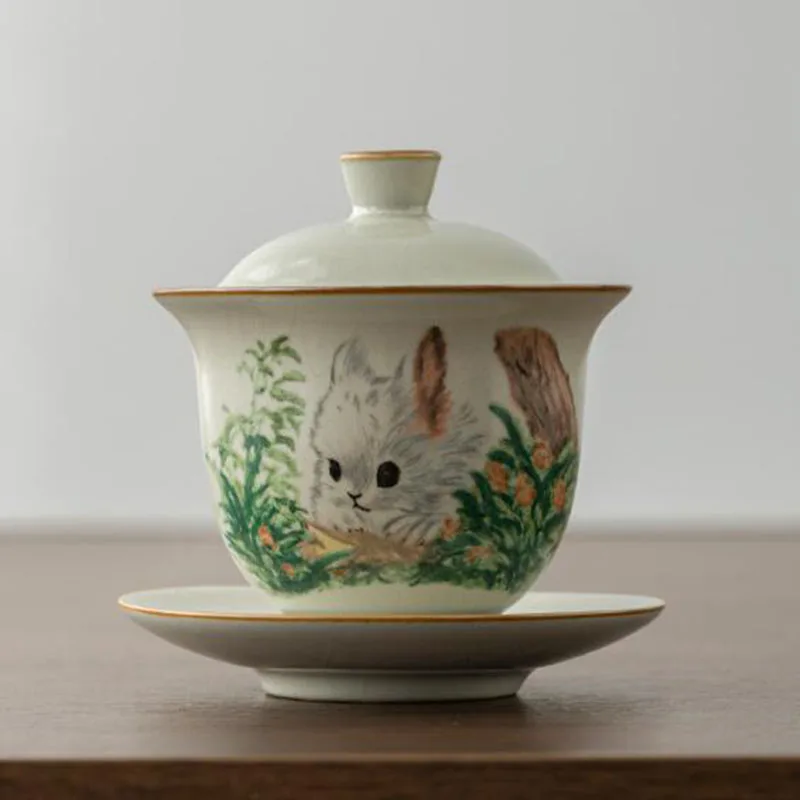 Ruyao Sancai Gaiwan Rabbit Pattern Tea Tureen  Household Kungfu Tea Set Tea Maker Cover Bowl Chinese Tea Set