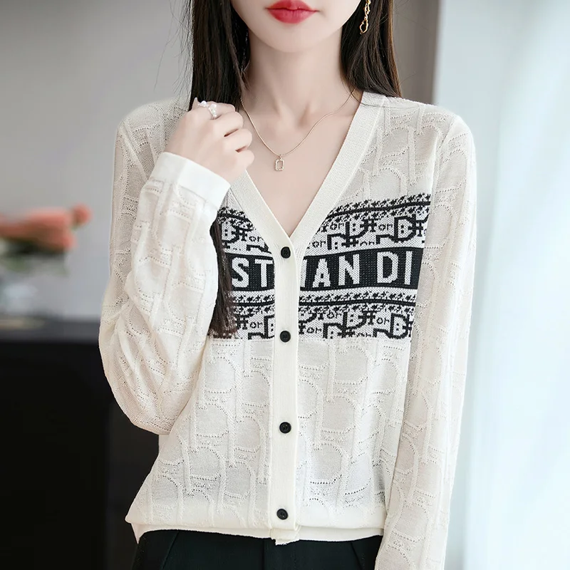 

Spring/summer new Lyocell Tencel V-neck contrasting knitted cardigan, versatile and sun resistant jacket for women's temperament