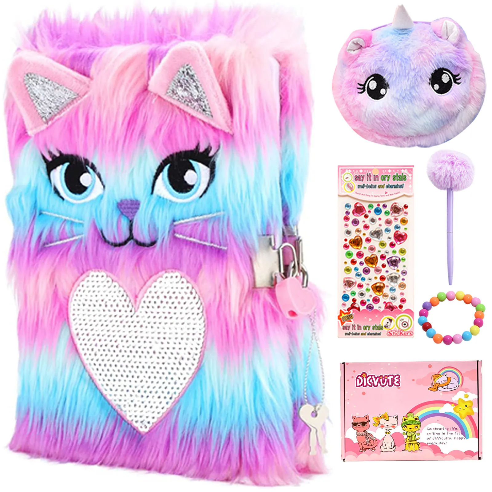 Diary for Girls with Lock and Keys,Cute Lion Plush Diary Book Set Gift with Coin Purse,Plush Pen,Bracelet and Stickers