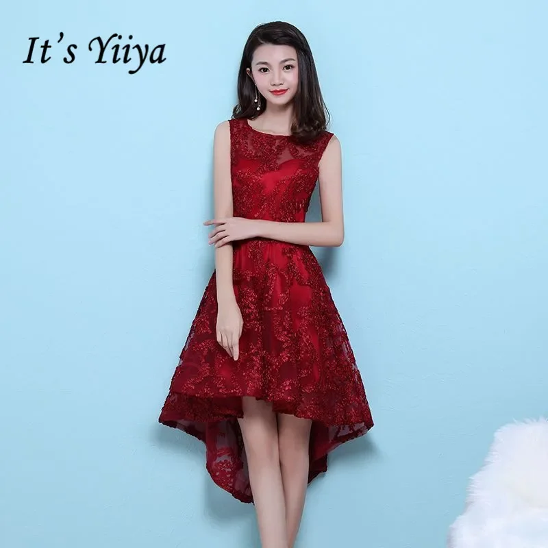 Clearance Cocktail Dresses Wine Red O-neck Sleeeveless Embroidery High Low Tea Length Formal Dress Party Gowns MX042 In Stock