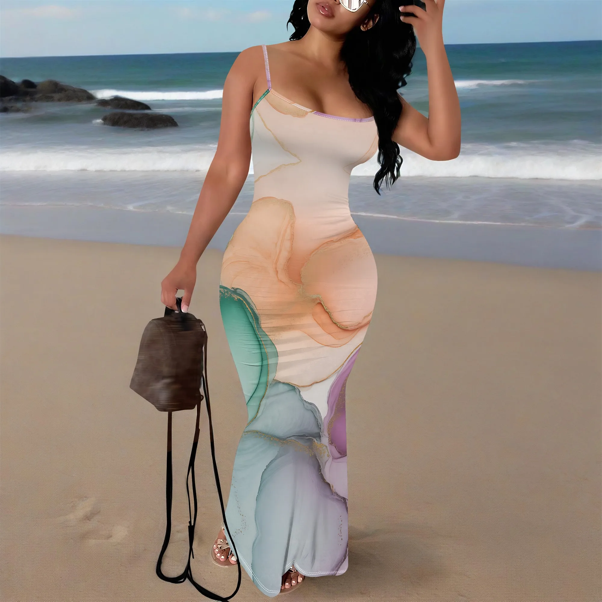 

Women's Abstract Print Maxi Dress Sexy Spaghetti Strap Bodycon Dress for Beach Vacation Holiday Wear XS-3XL
